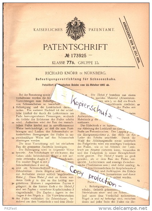 Original Patent - Richard Knörr In Nürnberg , 1905 , Befestigung Für Schneeschuhe , Ski , Schnee !!! - Wintersport