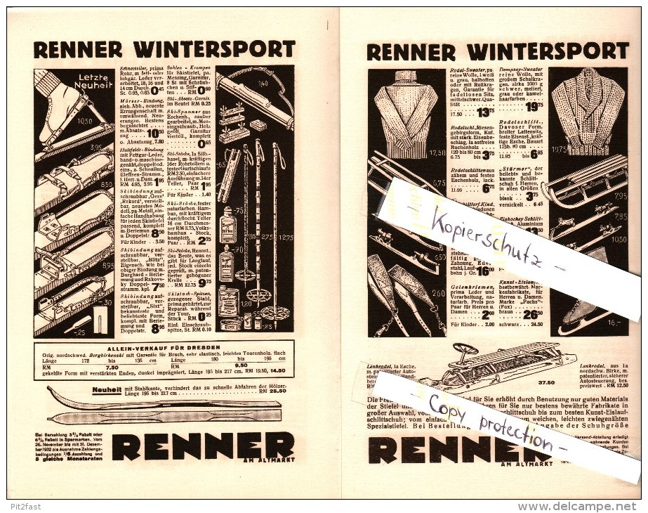 Alter Wintersport  Katalog / Prospekt , Renner Am Altmarkt In Dresden , Preisliste , Schnee , Schlitten !!! - Sports D'hiver