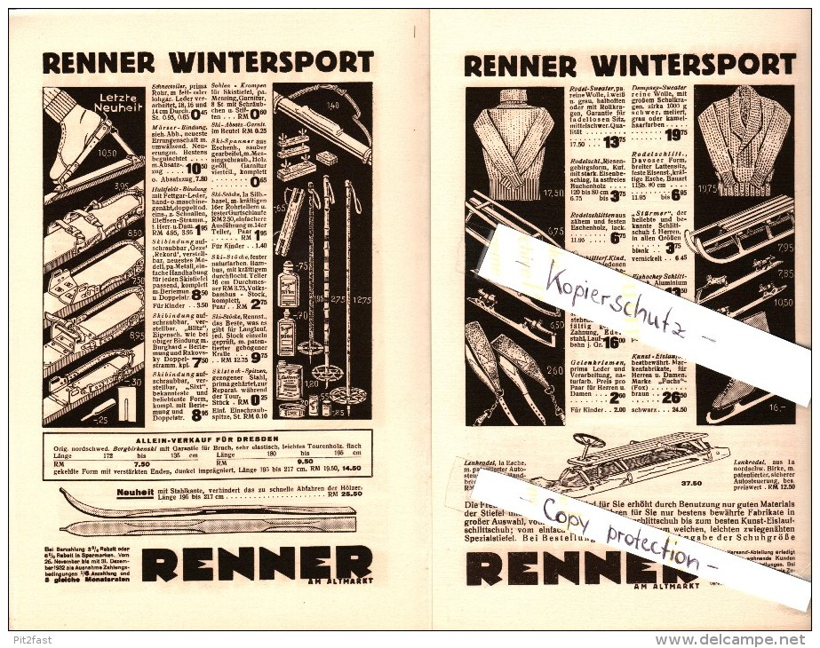 Alter Wintersport  Katalog / Prospekt , Renner Am Altmarkt In Dresden , Preisliste , Schnee , Schlitten !!! - Sport Invernali