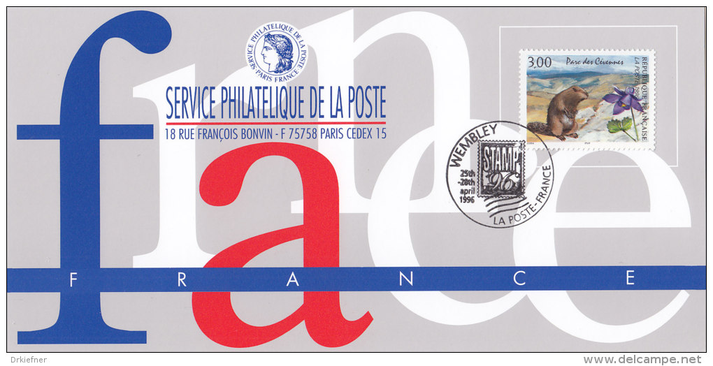 FRANKREICH 3145auf Ausstellungskarte Des Service Philatelique De La Poste Zur STAMP ´96 Wembley, Murmeltier - Documents Of Postal Services