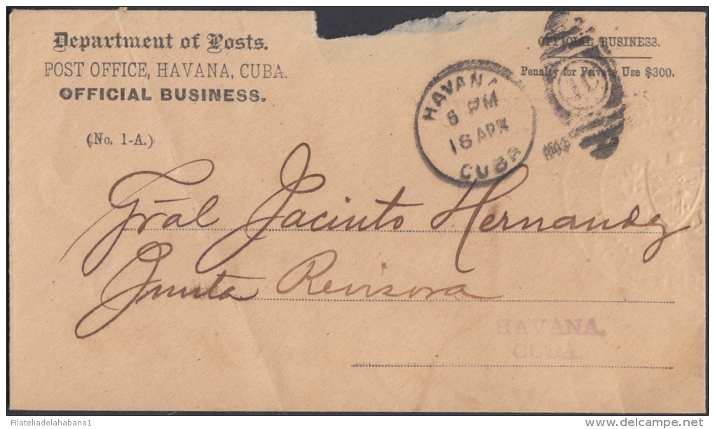 1903-H-5 CUBA. REPUBLICA. 1903. SOBRE DE CORREO OFICIAL. DEPARTAMENT OF POSTS. AL GENERAL JACINTO HERNANDEZ. - Cartas & Documentos