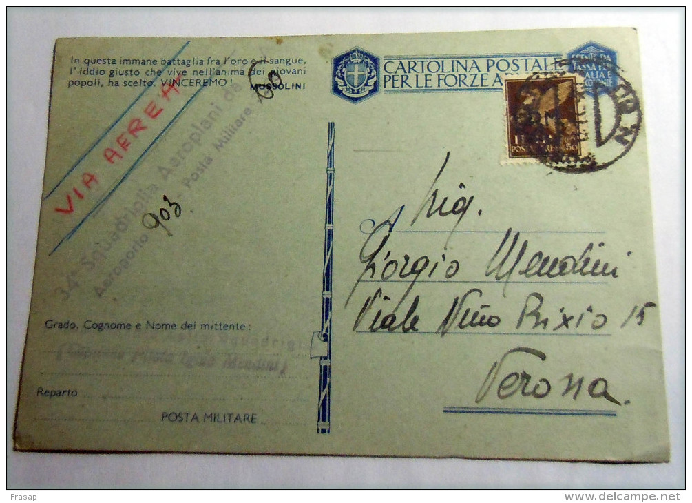 Franchigia Cartolina Postale Posta Militare 60 + AEROPORTO 903  Albania P.m. 50 C. Posta Aerea X VERONA N 2 - Franchise