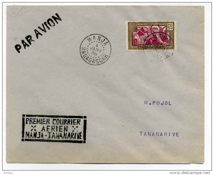 Premier Courrier Aérien  MANJA TANANARIVE / 4 Janv 1938 / Madagascar - Posta Aerea