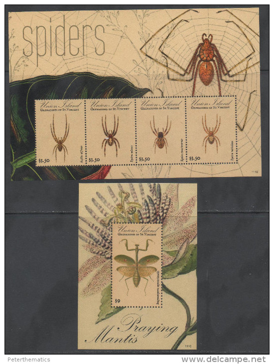 UNION ISLAND , 2011, MNH ,SPIDERS, PRAYING MANTIS,  SHEETLET +S/SHEET - Spiders