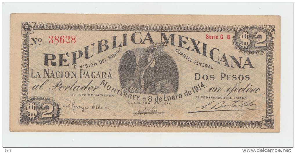 Mexico 2 Dollars 1914 AXF Pick S-938 RARE - Mexico