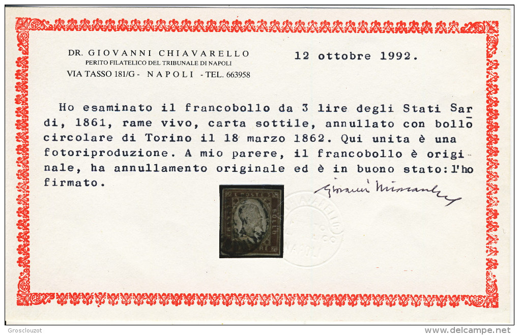 Sardegna L. 3 Sass. N. 18A Rame Vivo, Carta Sottile, Annullo Torino 18.3.1862, E. Diena, Cert. Chiavarello Cat. € 7500 - Sardegna