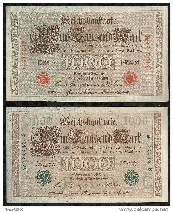 LOT DE 2 BILLETS DE 1000  MARK . 21 AVRIL 1910 . - 1.000 Mark