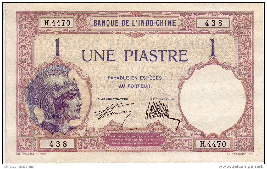 Banque De L'Indochine. Billet De 1 Piastre - - Indocina