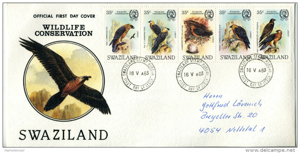 L38117 - Swaziland - 1983 - Wildlife Conservation, Strip Of 5 On FDC To West Germany - Eagles & Birds Of Prey