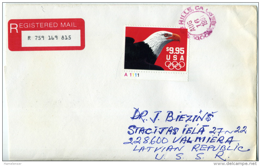 38118 - U.S.A. - 1991 - $9.95 Eagle Sgl. On Reg´d Cover From WOODLAND HILLS, CA To VALMIERA (Latvia) - Arends & Roofvogels