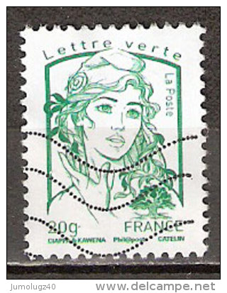 Timbre France Y&T N°4774 (02) Oblitéré. Marianne De Ciappa Et Kawena. Lettre Verte 20g. Vert émeraude. Cote : 0.58 € - 2013-2018 Marianne De Ciappa-Kawena