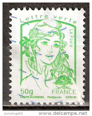 Timbre France Y&T N°4775 (02) Oblitéré. Marianne De Ciappa Et Kawena. Lettre Verte 50g. Vert-jaune. Cote : 1.00 € - 2013-2018 Marianne De Ciappa-Kawena