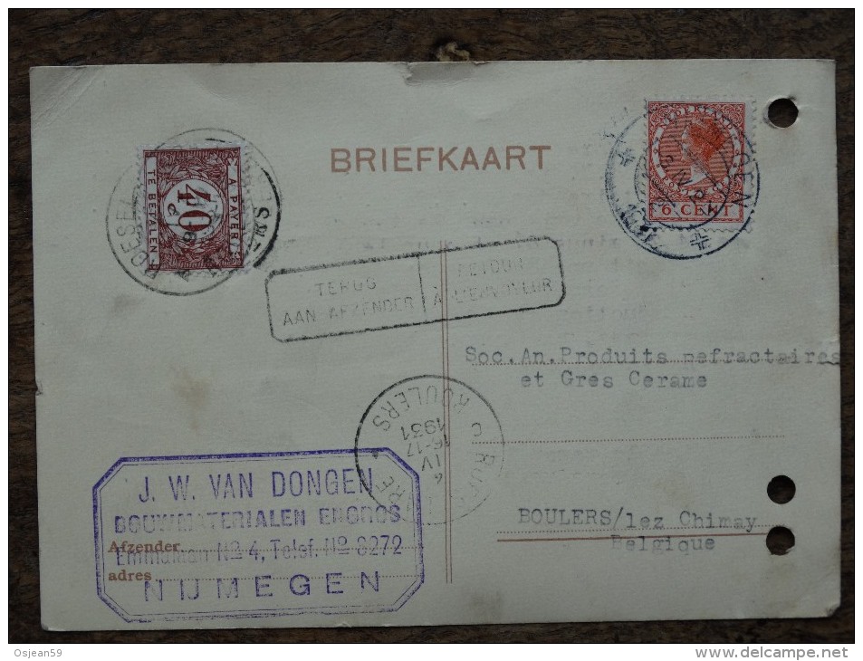 TTx 37 Au Départ Des Pays-Bas -NIMEGEN1931 Vers BOURLERS/LEZ -CHIMAY - Storia Postale