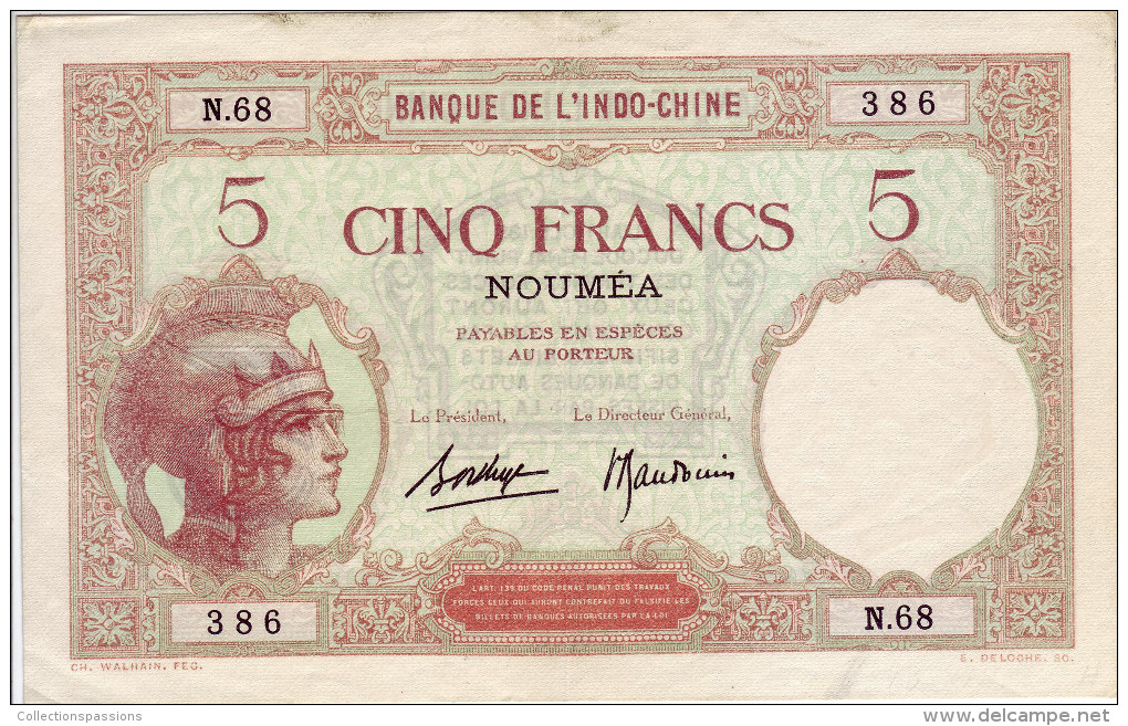 Banque De L'Indochine. Nouméa. Billet De 5 Francs - Indochine