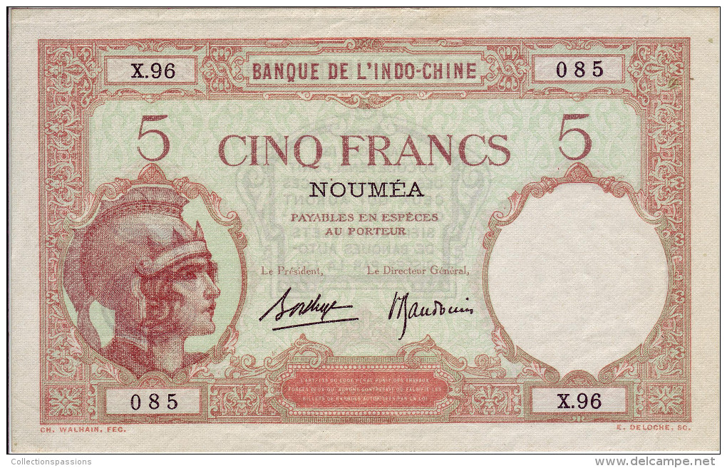 Banque De L'Indochine. Nouméa. Billet De 5 Francs - Indochine