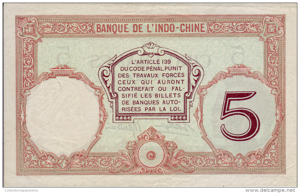 Banque De L'Indochine. Nouméa. Billet De 5 Francs - Indocina