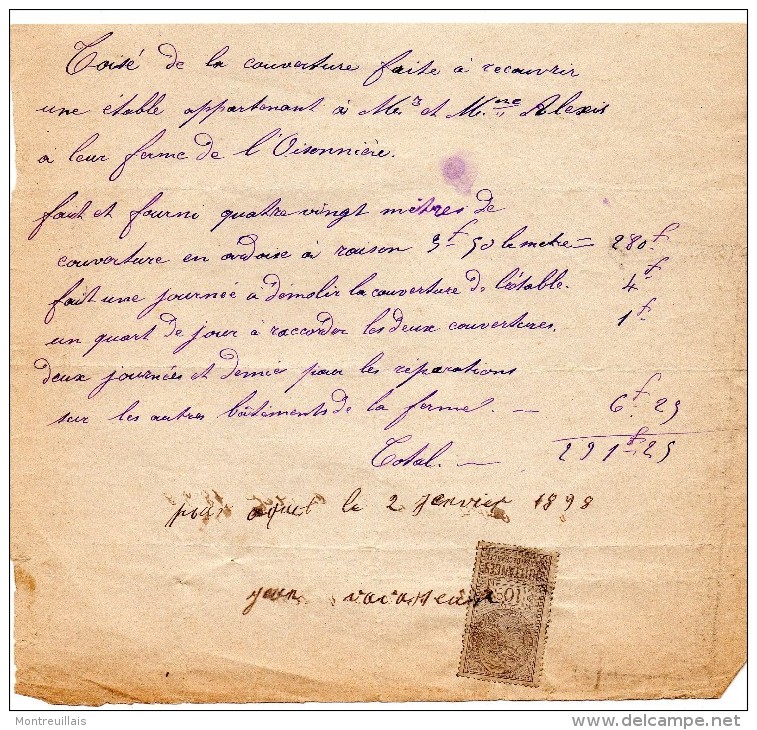 Facture De Mr ALEXIS De La Ferme De L'Oisonnière En 1898, Pour Travaux De Couverture Peut être Dans Le 61 - Manuscrits
