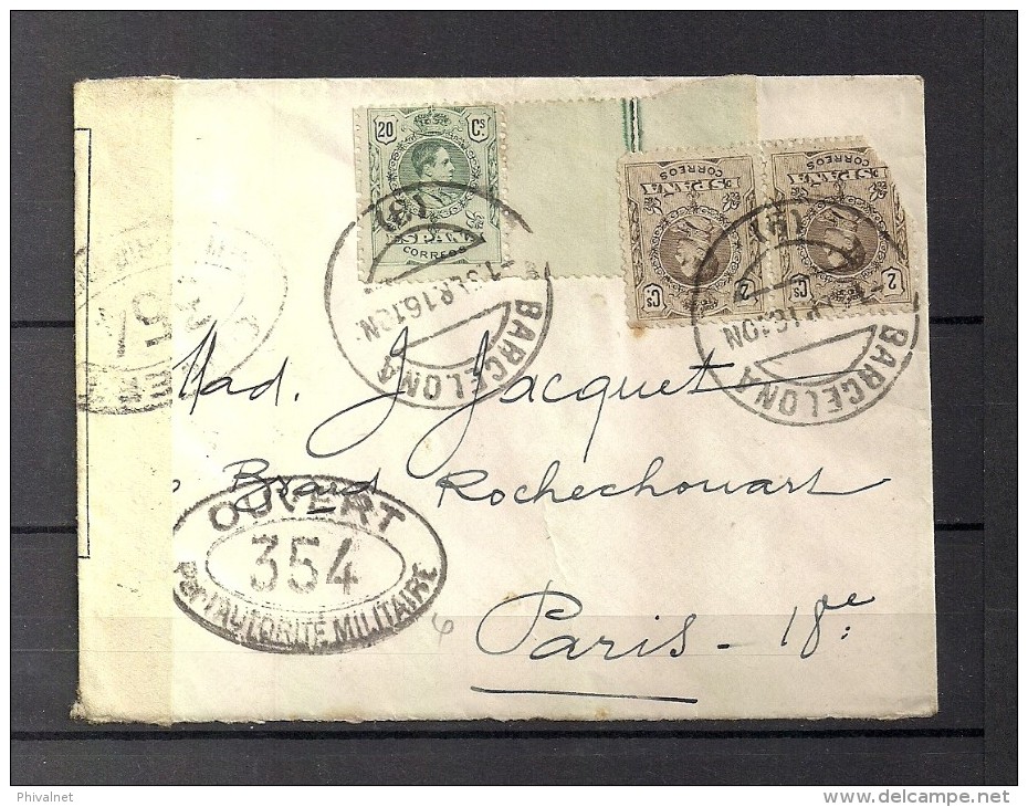 1916 BARCELONA, SOBRE CIRCULADO A PARIS, 20 CTS. BORDE LATERAL, BANDA Y MARCA DE CENSURA FRANCESA - Cartas & Documentos