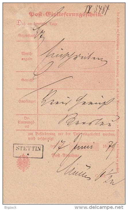 Einlieferungsschein Stettin R1  17.6.1879 - Briefe U. Dokumente