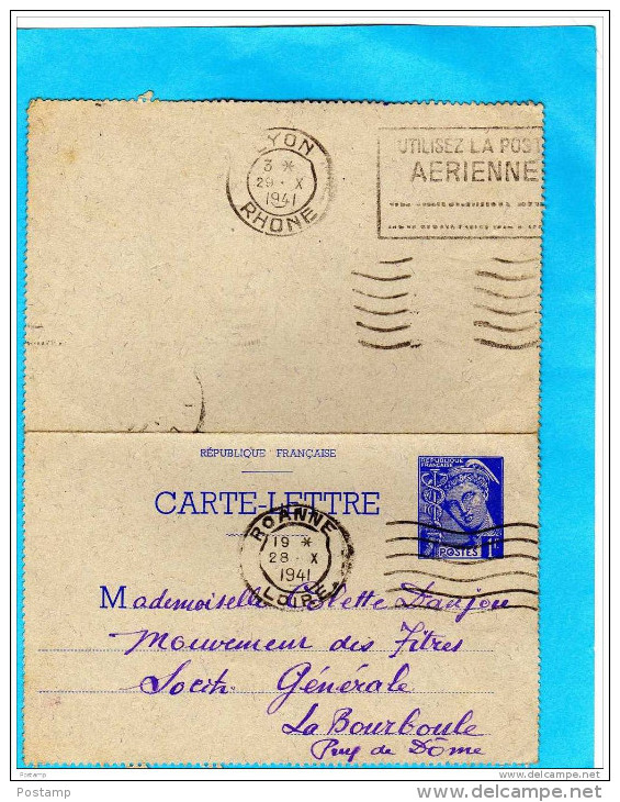 CARTE LETTRE-1Fr-mercure + A Circulé En 1941 - Tarjetas Cartas