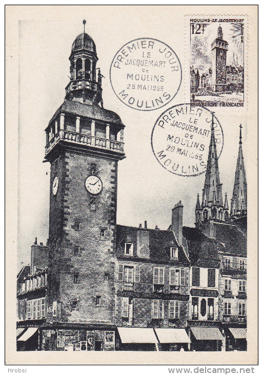 Jacquemart De Moulins, Carte Maximum France Yvert N 1025, PJ  Moulins 1955 - Horlogerie