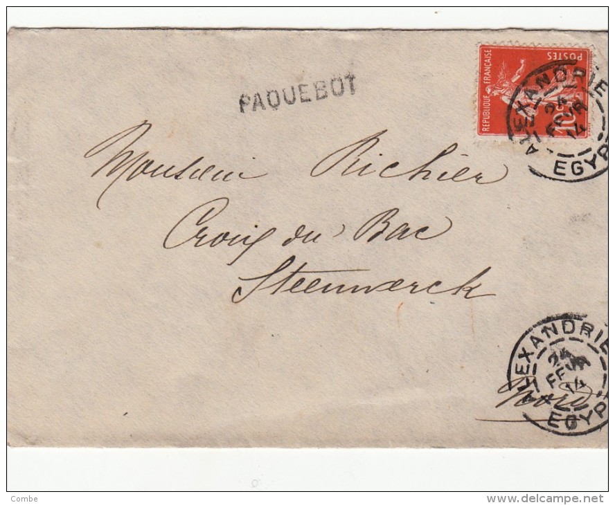 24.FEV.1914. LETTRE DE LA Cie DES MESSAGERIES MARITIMES. PAQUEBOT. ALEXANDRIE EGYPTE POUR STEENWERCK/ 5866 - Poste Maritime