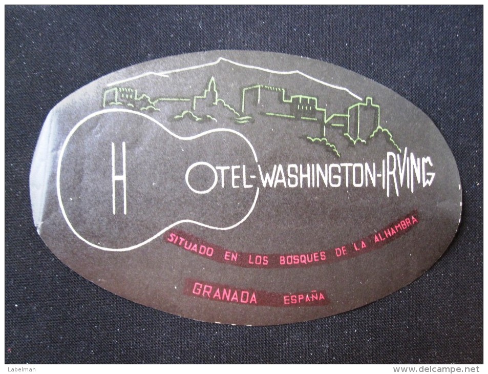 HOTEL Guitarra PENSION HOSTAL WASHINGTON ALHAMBRA GRANADA SPAIN LUGGAGE LABEL ETIQUETTE AUFKLEBER DECAL STICKER MADRID - Etiquettes D'hotels