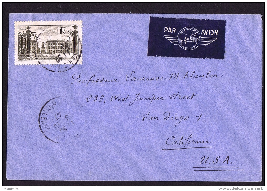 1947  Nancy 25 Francs Brun  Yv 778  Sur Lettre Avion Pour Les USA - 1921-1960: Période Moderne