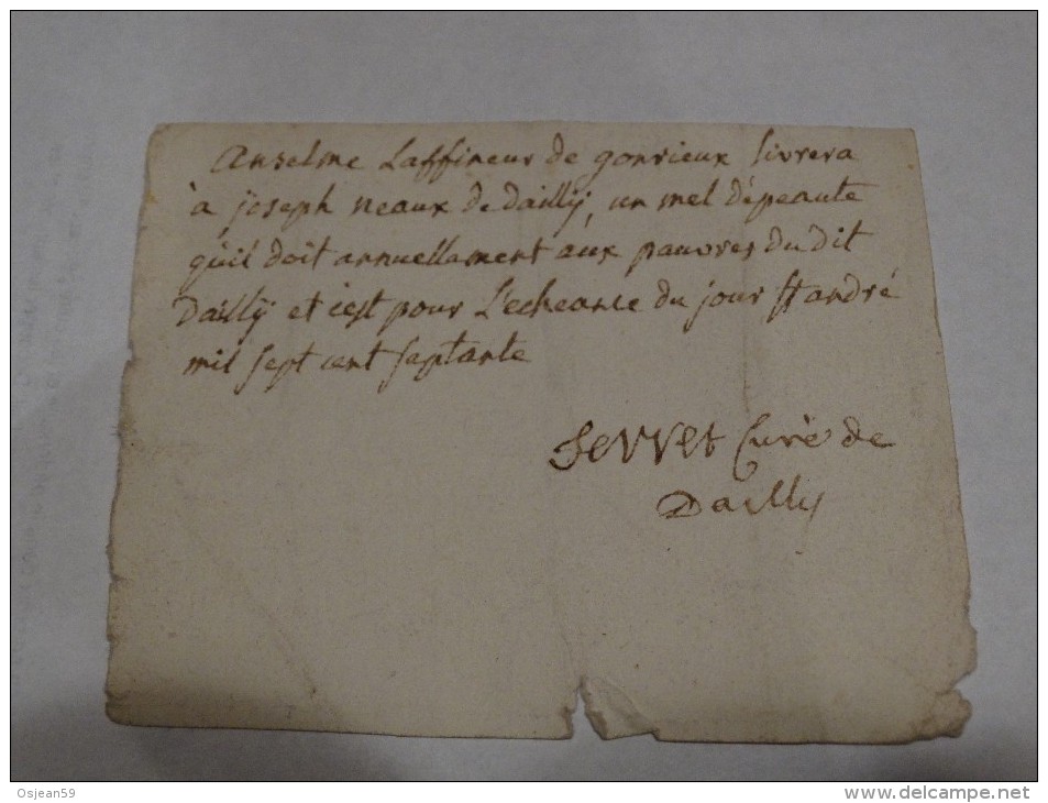 Ordre De Livraison Pour Mr Anselme Laffineur De Gonrieux Pour Livrer De L´epeautre à Mr J. Neaux De Dailly En 1770 - ... - 1799