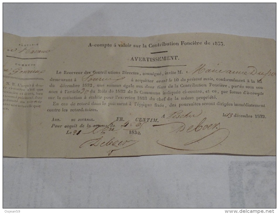 1832..........Contribution Foncière De Marianne Dupont  De Gonrieux.....(hainaut) - Historical Documents