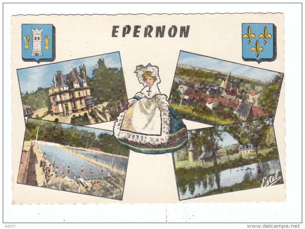 EPERNON Souvenir De ... (Eure Et Loir) - CPSM - 4 Vues + Poupée En Costume Folklorique + BLASONS - Epernon