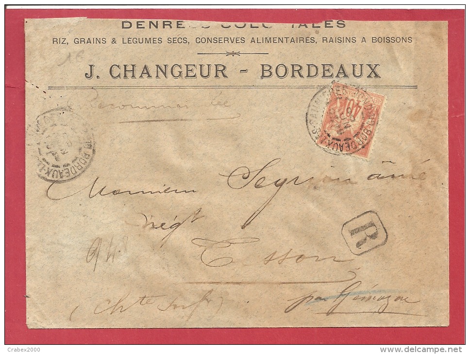 Y&T N° 94 Sur LETTRE COMMERCIALE  BORDEAUX       Vers   TESSON  Le 19 DECEMBRE 1900 2 SCANS - 1876-1898 Sage (Type II)