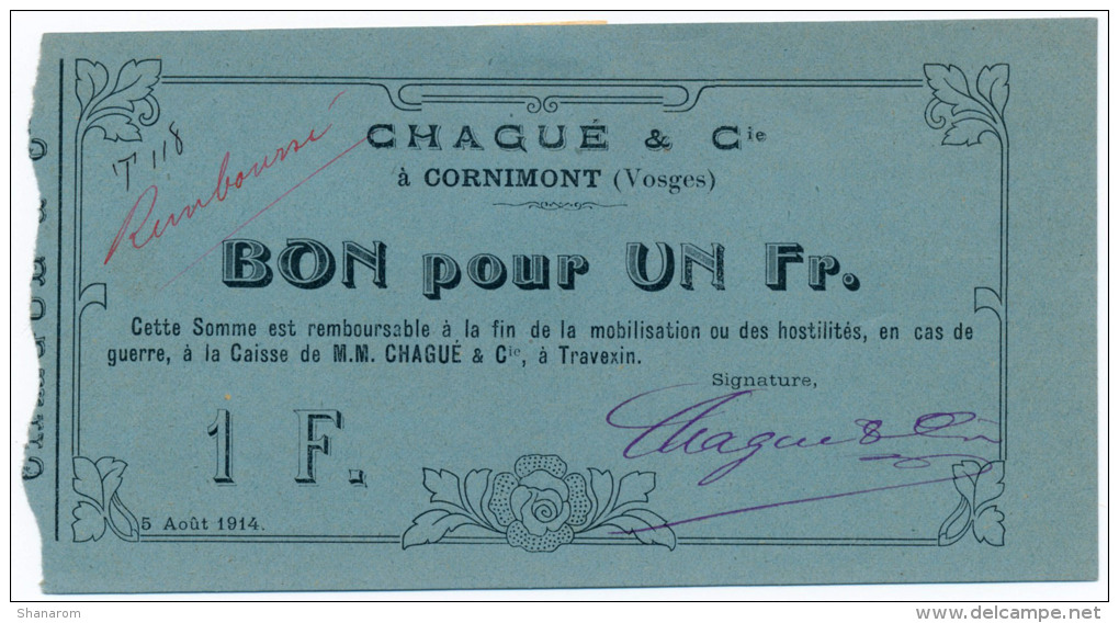 1914 // CORNIMONT // Un Franc - Bons & Nécessité