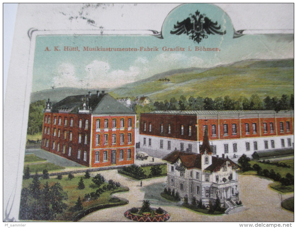 AK 1910 Österreich / Tschechien / Sudeten. A.K. Hüttl, Musikinstrumenten-Fabrik Graslitz I. Böhmen. Seltene Karte!! - Sudeten