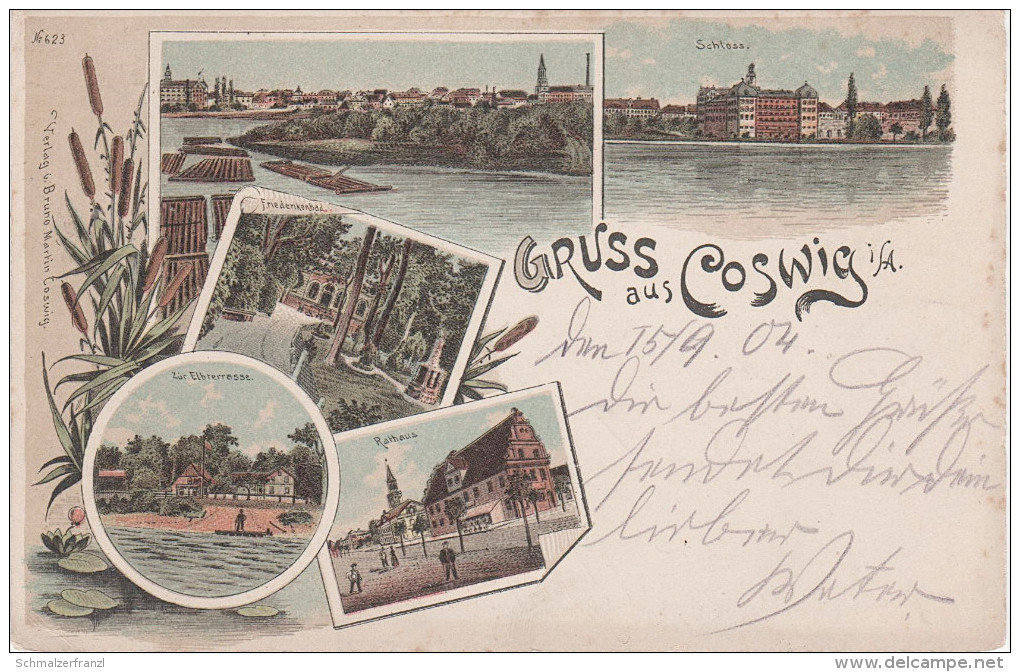 Litho AK Gruss Coswig Anhalt Stempel Schloss Rathaus Friederikenbad Gasthaus Elbterasse Bei Wittenberg Dessau Wörlitz - Coswig