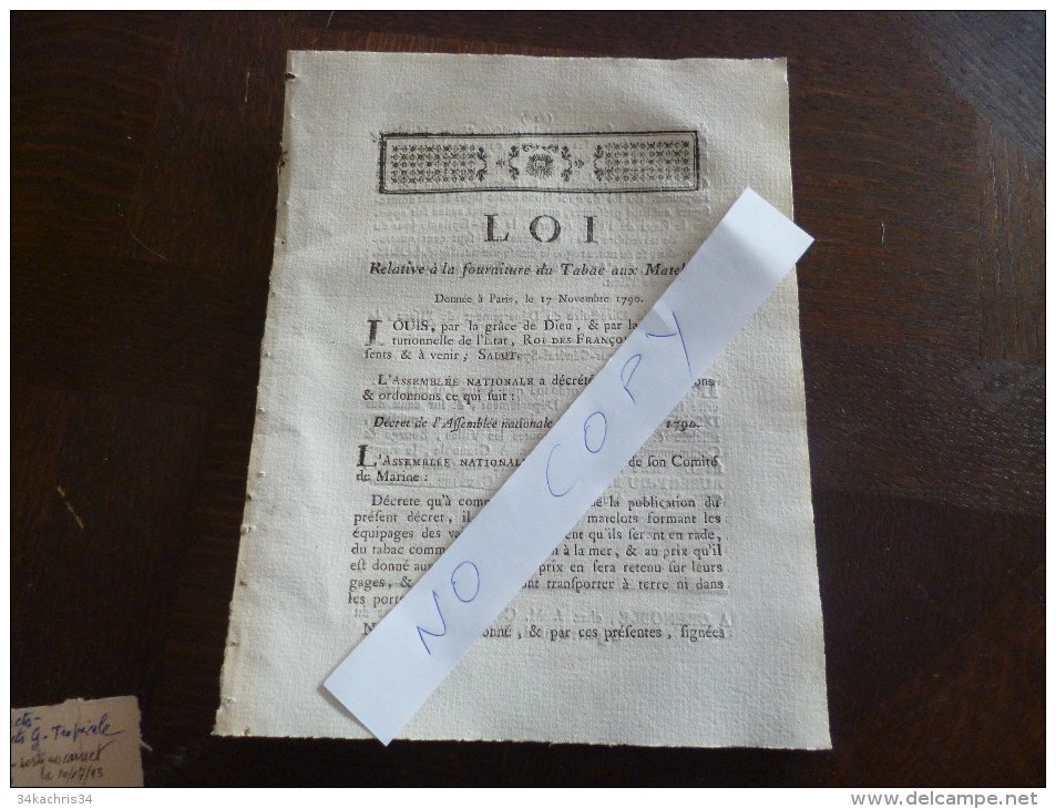 Loi Relative à La Fourniture Du Tabac Au Matelot. Paris 17/11/ 1790. 2 Pages - Gesetze & Erlasse