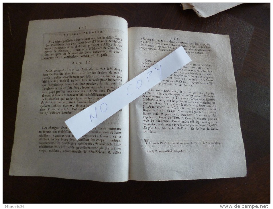 Loi  Relative Aux Biens Actuellement Possédés Par Les Protestants D'Ausbourg Et Helvétique . Paris 10/12/1790.4 Pages. - Gesetze & Erlasse