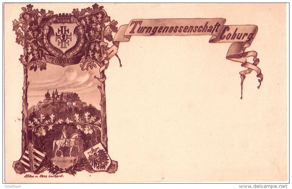 COBURG Turngenossenschaft Frisch Fromm Fröhlich Frei FFFF Wappen Veste Denkmal Entwurf Von Hans Luthardt Braun Litho Ung - Coburg