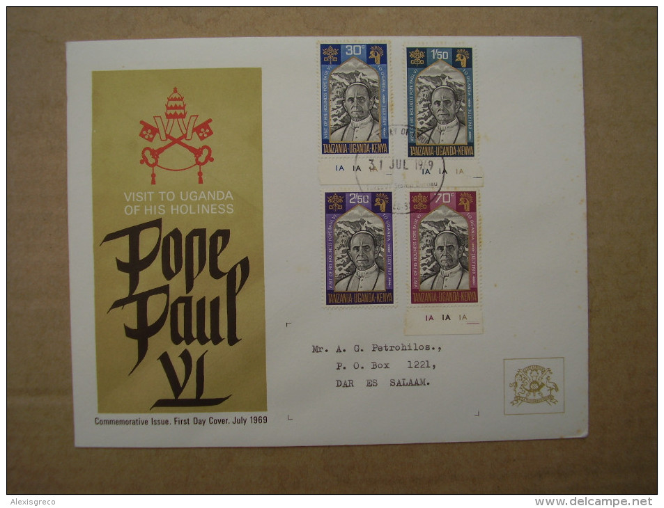 KUT 1969 VISIT Of POPE PAUL VI To UGANDA Issue 4 Values To 2/50  On OFFICIAL ILLUSTRATED FDC. - Kenya, Uganda & Tanzania