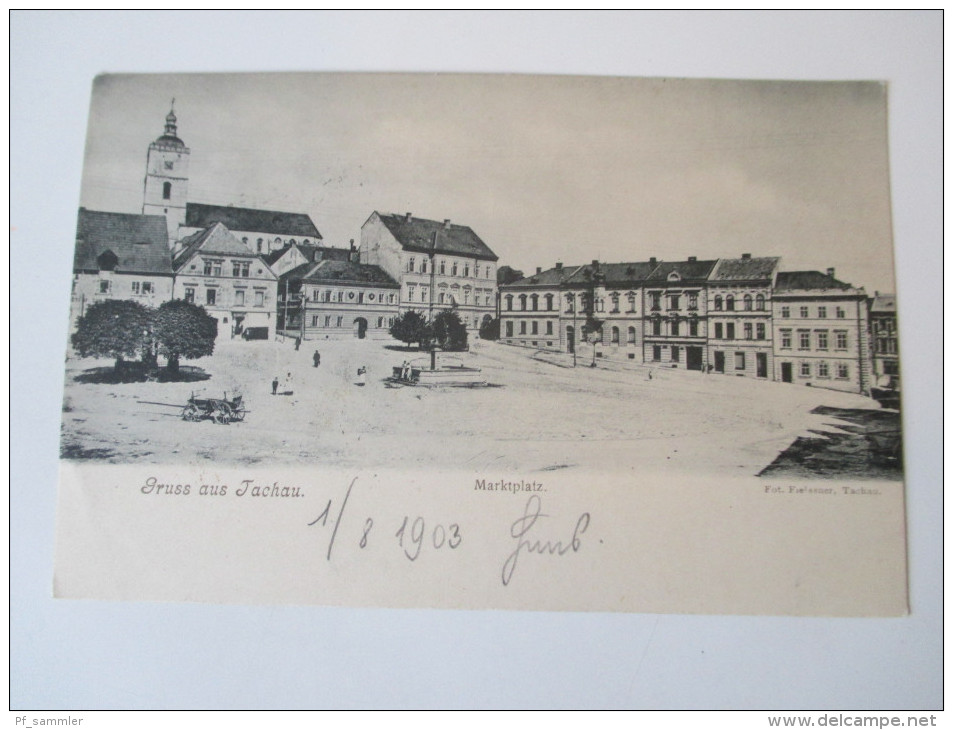 AK 1903 Österreich / Tschechien / Böhmen. Gruss Aus Tachau. Marktplatz. Kastenstempel / Bahnpost. Foto Freissner - Boehmen Und Maehren