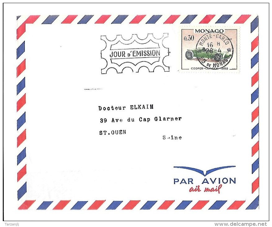 Monaco Enveloppe Voyagée Jour D'émission 28-4-1967 Timbre Voiture De Course à 0,30 FF Cooper Climax - Covers & Documents