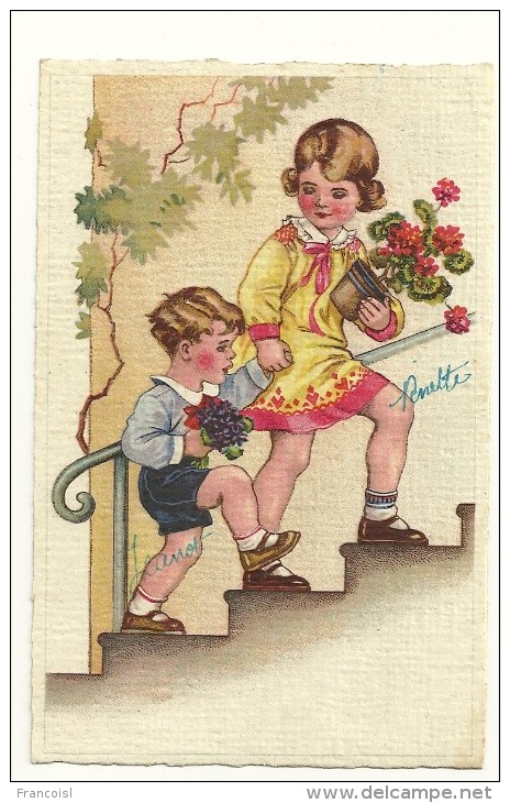 Deux Enfants Qui Montent Un Escalier. Fleurs. 1939 - Busi, Adolfo