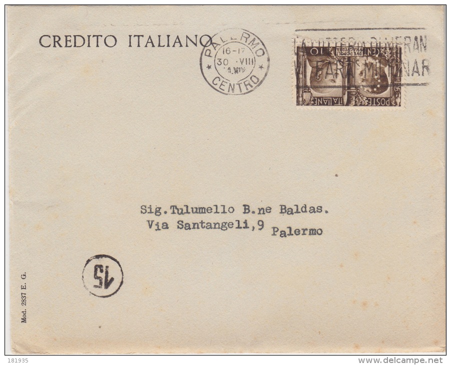 Cover Lettera-Affr.cm.10 Perfin Alleanza Palermo 30.8.34-Viaggiata Italy Italia - Poststempel