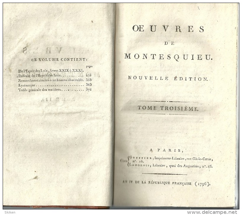 OEUVRES De MONTESQUIEU   Tome III   Nouvelle édition   1796  + Carte Du Livre Intitulé DE L ESPRIT DES LOIX - 1701-1800