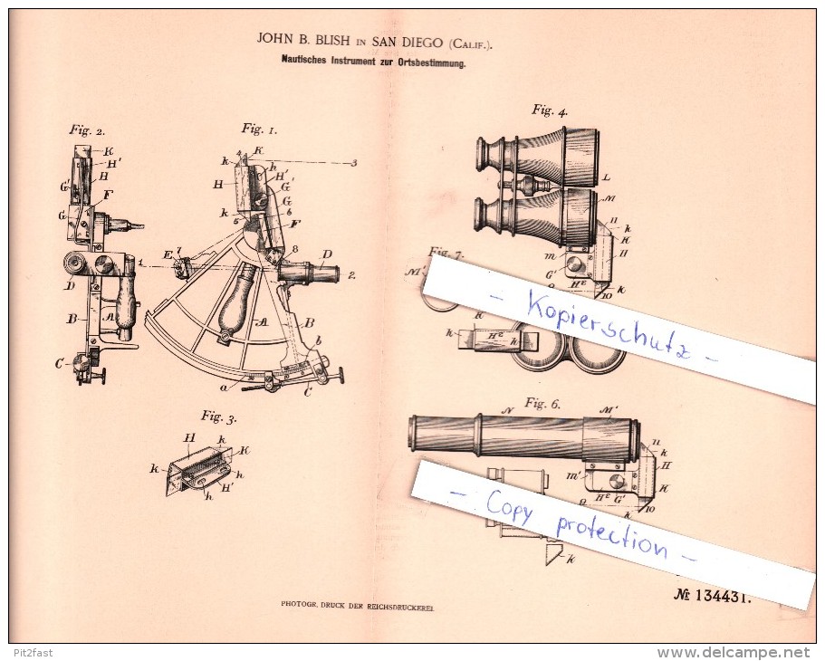 Original Patent - J. B. Blish In San Diego , Calif. 1902 , Nautisches Instrument Zur Ortsbestimmung , Nautik !!! - Ottica