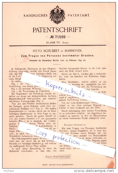 Original Patent - O. Schubert In Hannover , 1893 , Drachen Für Personentransport , Flugschiff !!! - Documents Historiques