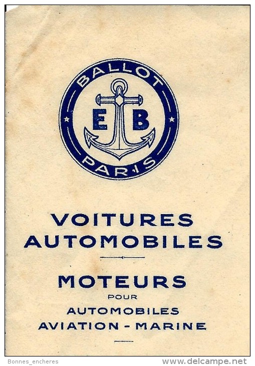 RARE ENTETE ETABLISSEMENTS  BALLOT MOTEURS AUTOMOBILES AVIATION MARINE PARIS 1926 B.E. V.SCANS+HISTORIQUE - 1900 – 1949