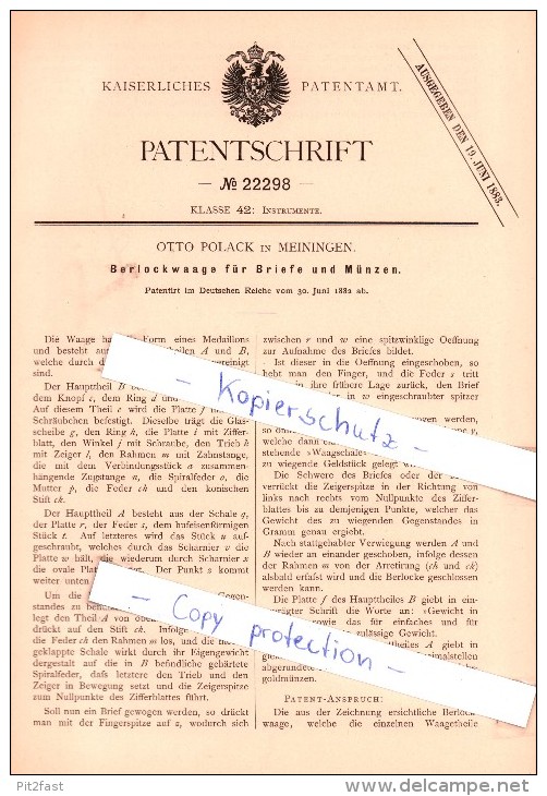 Original Patent - Otto Polack In Meiningen , 1882 , Berlockwaage Für Briefe Und Münzen !!! - Other & Unclassified