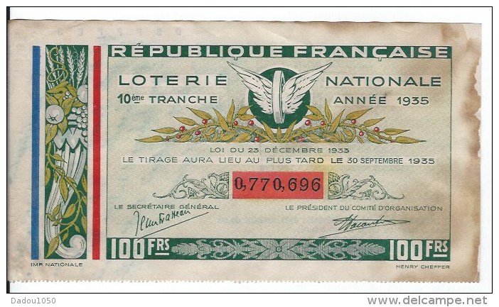 Loterie National 1935 - Billets De Loterie