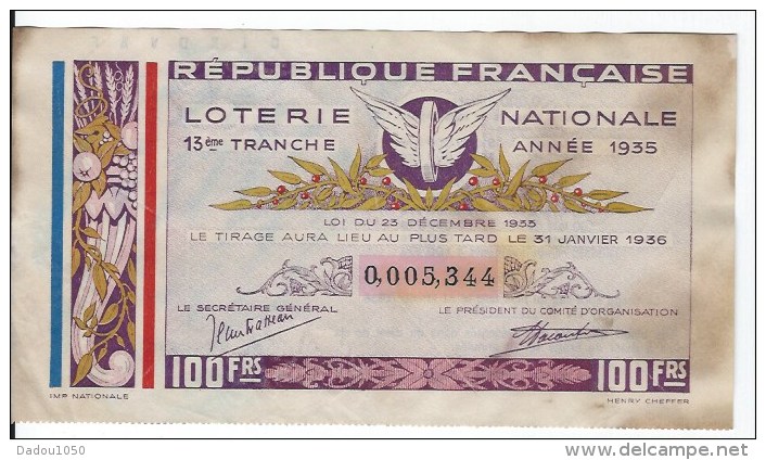 Loterie National 1935 - Billets De Loterie